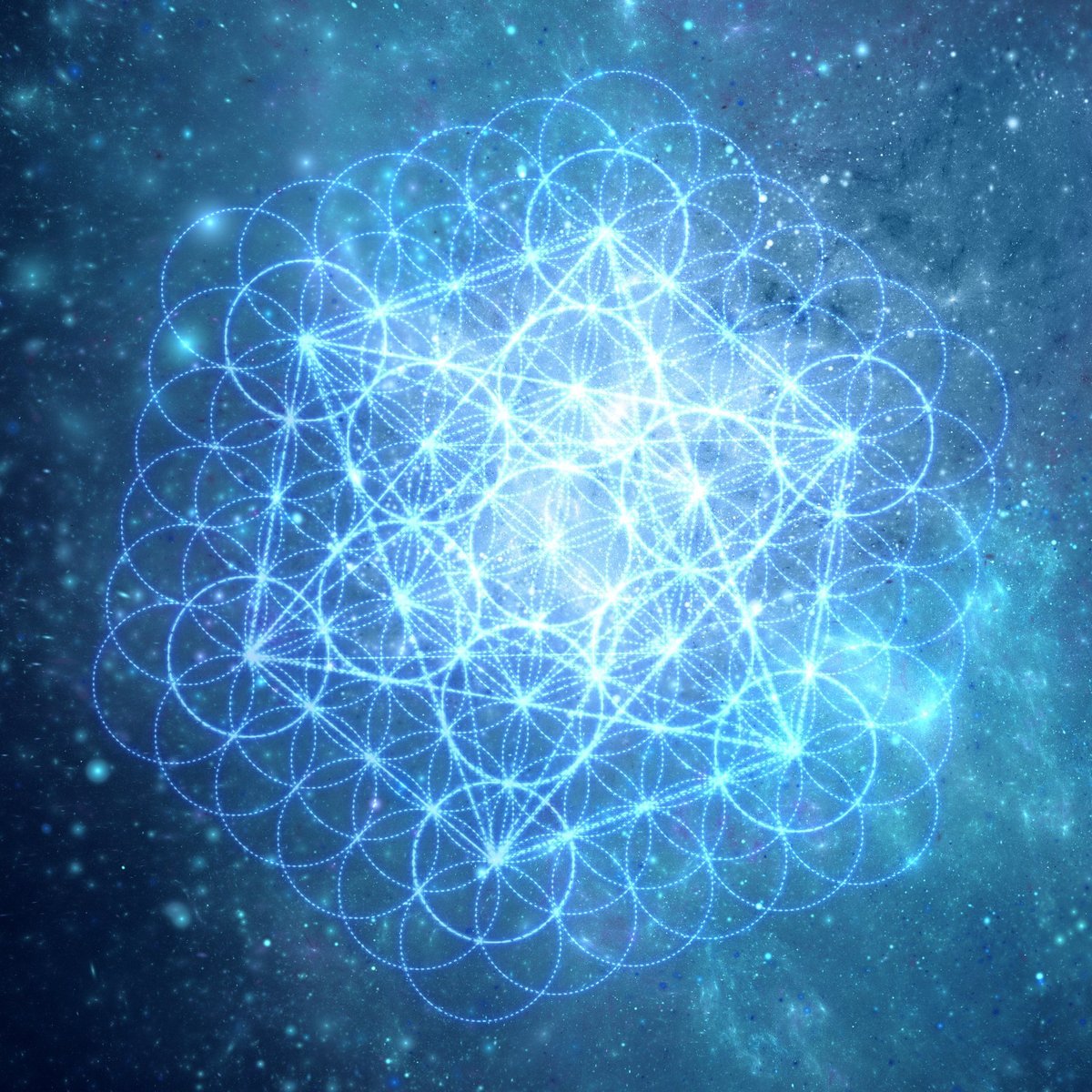 Metatrón Cube - Geometría sagrada con fondo fractal azul turquesa