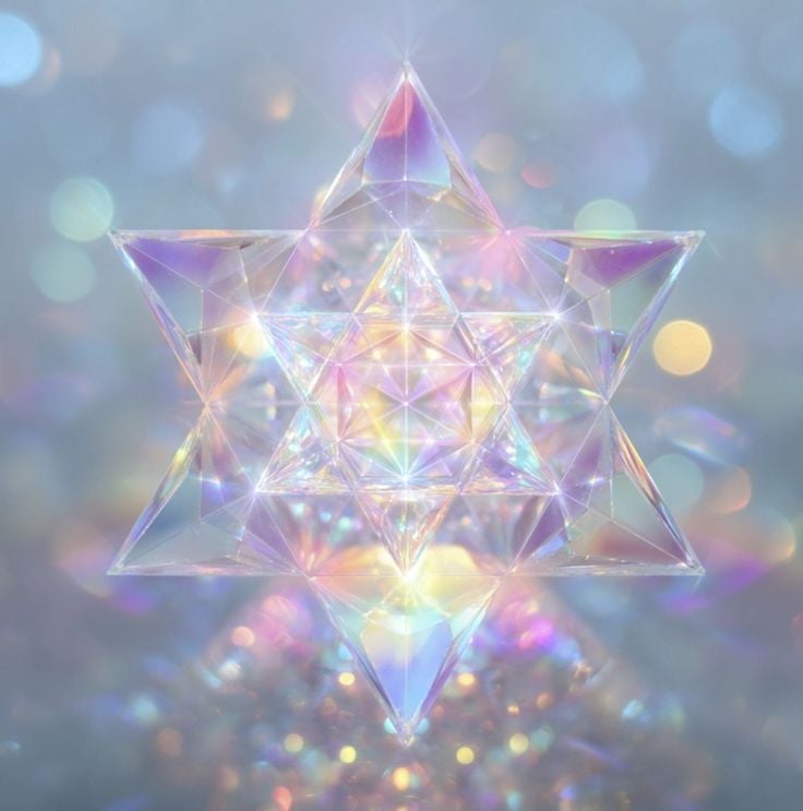 Glowing geometric star with interconnected triangles and colorful bokeh lights in soft purple, pink, and yellow tones on a blurred background