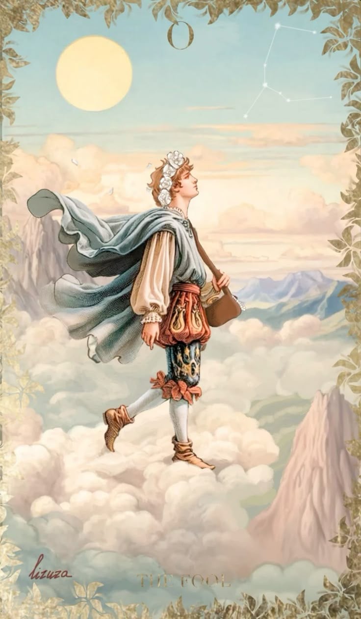 Angel-like figure in Renaissance clothing standing on clouds with flowing cape, moon and mountains in background